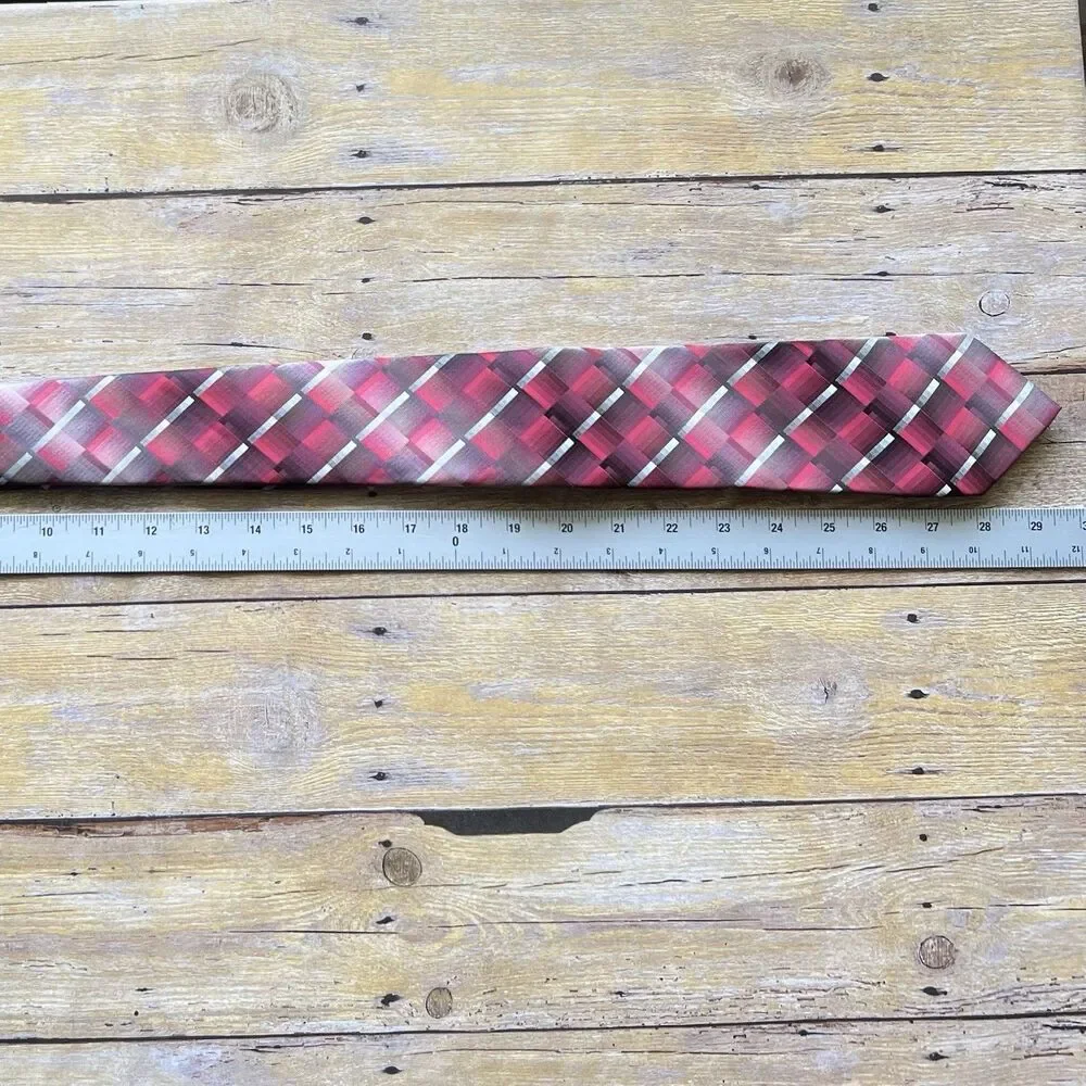 Pierre Cardin‎ Mens Geometric Plaid Tie Burgundy Grey Black Tie Chain Accessory